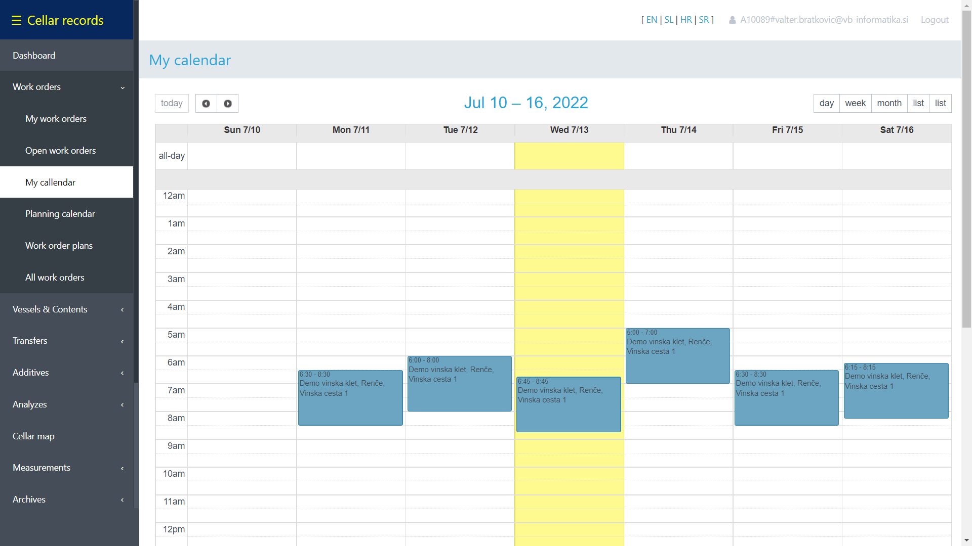 Display of work assignments in the work calendar.