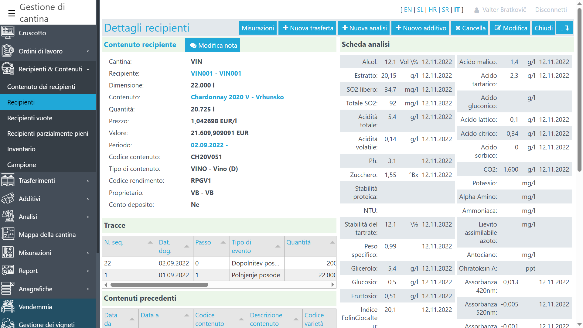 Panoramica del contenuto del contenitore con analisi, trasferimenti, additivi e tracciabilità dei processi