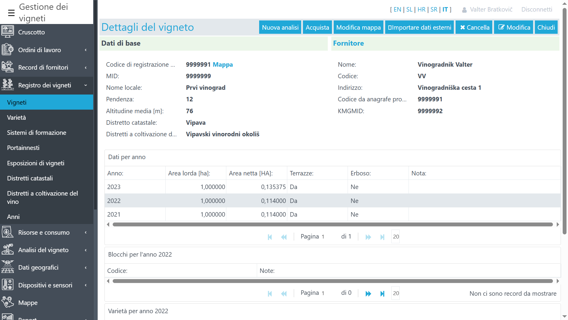 Catalogo dei vigneti e dei fornitori per annata